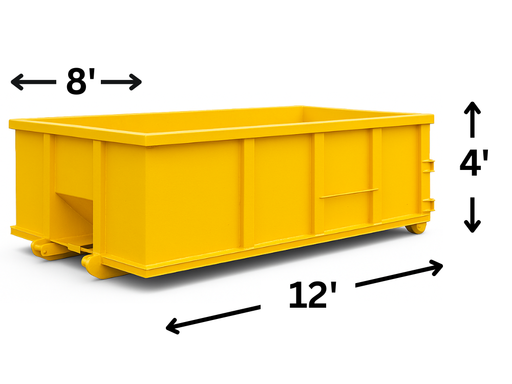 10-yard roll-off dumpster — 12 ft long, 8 ft wide, 4 ft tall